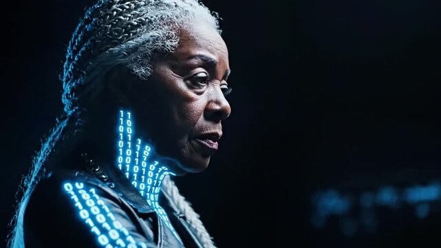 Man illuminated by blue binary code hovering over his hands