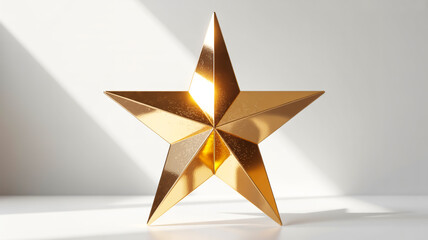 A 3D rendering of a metallic gold star against a pure white background