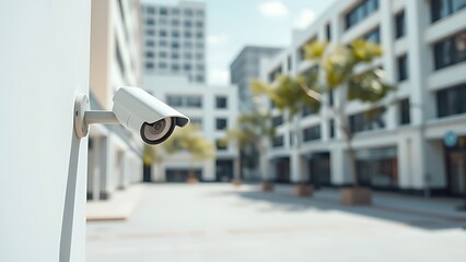rotated. A security camera on a white wall surveying an empty urban square. product launch decks, UI/UX mockups, designed for product launches and innovation pitches, highlights innovation.