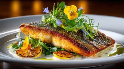 fine dining plate of perfectly seared sea bass fillet, glossy butter glaze shimmering on golden-crusted skin, drizzled with creamy rich beurre blanc sauce 