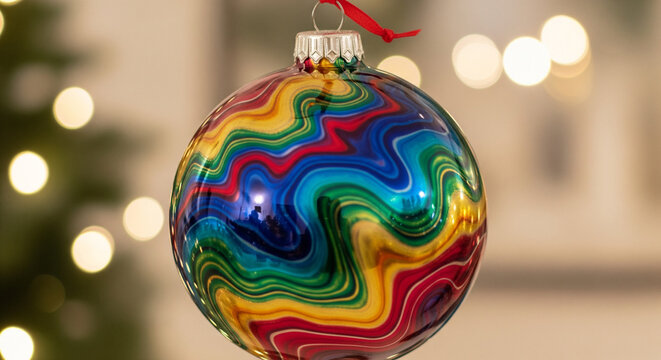 Close-up of a colorful, swirling Christmas ornament hanging from a tree with blurred lights in the background. - Powered by Adobe