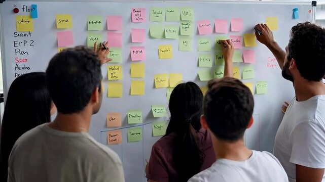 Brainstorming business startup ideas with team in office planning innovation strategies on whiteboard with sticky notes and collaboration in meeting
