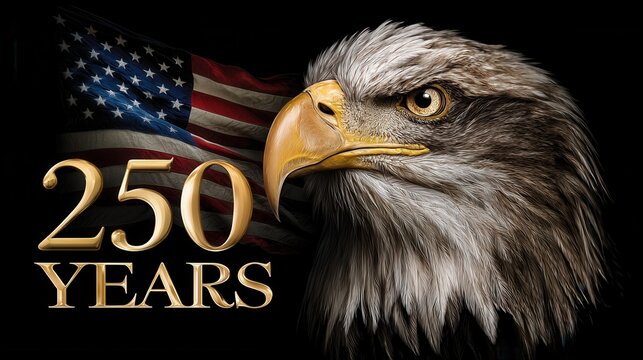 portrait of an eagle, icon, says in text "250 YEARS". U.S. flag in background, 4th of july
