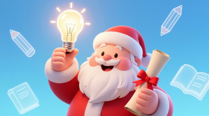 Santa Claus holding a glowing light bulb and a scroll with educational symbols floating around