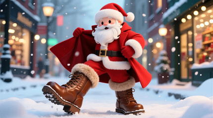 Santa Claus walking through a snowy city street during Christmas season