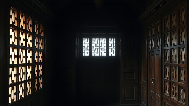confessional. Empty confessional booth interior with soft light filtering through wooden lattice. event programs, museum guides, designed for cultural heritage projects and event programs.