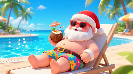 Santa Claus relaxing on a tropical beach with a coconut drink and palm trees