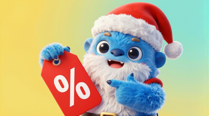 Cute blue monster in Santa hat holding a red tag with percentage symbol for holiday sales