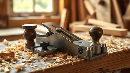 jointer. Woodworking jointer plane on rustic bench surrounded by fresh wood shavings. tutorial guides, club newsletters, designed for sports & leisure club marketing, used by recruiters.
