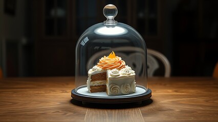 otherwise. Ornate cake under glass dome on empty wooden table, soft overhead light. symbolizing life milestones and joyful moments.