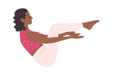 Woman practicing yoga and Pilates exercise cartoon illustration. Young girl in relaxed stretching pose, balance relaxation. Healthy lifestyle fitness, wellness meditation concept in flat graphic style