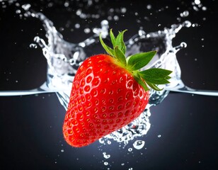 A vibrant red strawberry, pristine and ripe, is captured mid-splash as it impacts cool, clear water against a dark backdrop