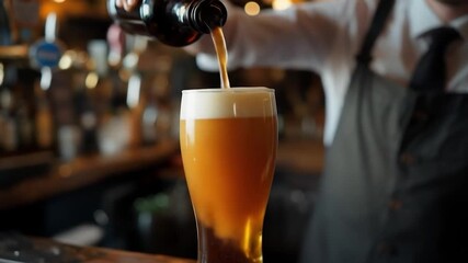 Pouring Craft Beer into a Glass: A Detailed View of a Bartender Serving Beer in a Pub or Bar Setting