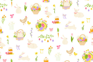 Easter elements hand drawn seamless pattern. Easter eggs, eggs cakes, rabbit chicken goose, lamb trendy boundless background. Easter holiday cheerful endless design for print wrapper backdrop template