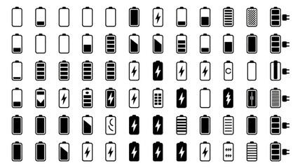 A collection of 80 black and white battery icons arranged in 10 rows of 8 icons each.