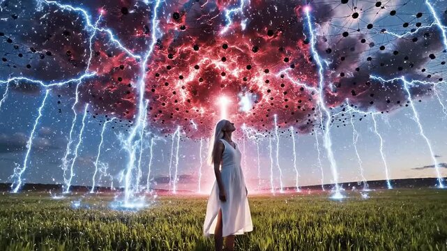 A woman in white standing in a lush meadow with a radiant, exploding red cloud and lightning bolts above