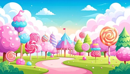 A whimsical, cartoonish landscape features a sweet theme with lollipop trees, pastel clouds, and a circus-style structure