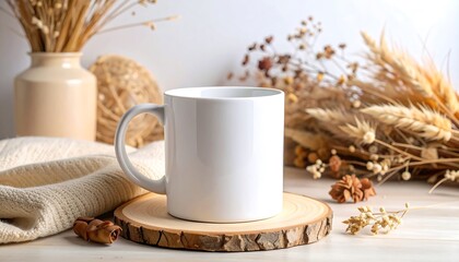 A white ceramic mug sits on a wooden coaster, near decorative dried plants and a beige sweater on a white surface