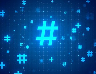 A vibrant blue digital illustration featuring a grid with floating hash symbols and plus signs, creating a tech-inspired aesthetic