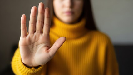 Woman in yellow sweater showing hand gesture of refusal or rejection