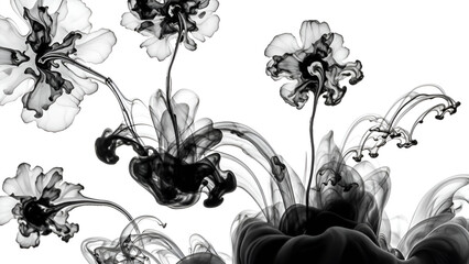 Abstract black ink forming delicate patterns on a white background