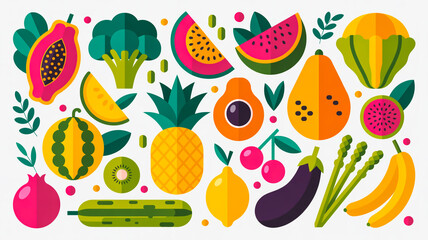 A vibrant, flat-style illustration of various fruits and vegetables arranged in a scattered pattern against a white background