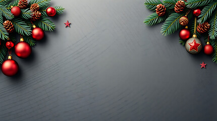 Christmas border with red ornaments and green pine branches on dark background