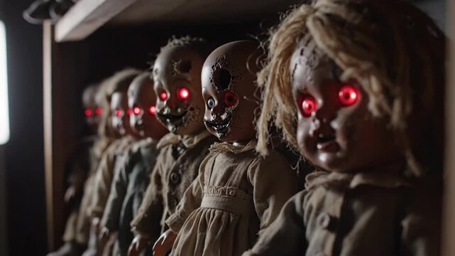 A terrifying close-up shot captures a row of creepy, vintage dolls with glowing red eyes staring from the dark storage shelf.