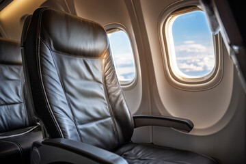 Luxurious airplane interior with empty black leather seats by window