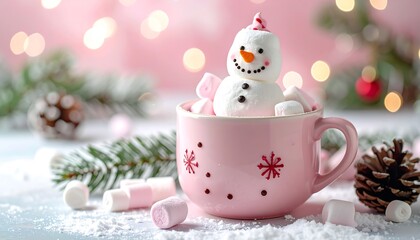 A whimsical pink mug filled with fluffy marshmallows, one arranged to resemble a cheerful snowman, amidst festive holiday greenery