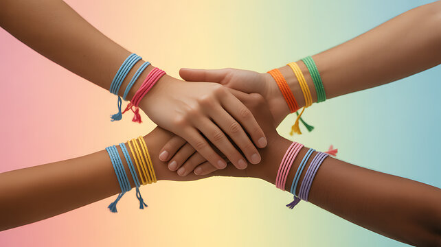 Four hands stacked together, each wearing colorful woven bracelets against a soft gradient background