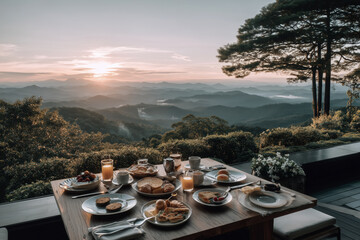 Delicious breakfast spread on outdoor patio overlooking serene mountain landscape at sunrise