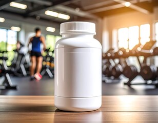 A white supplement bottle sits on a wooden surface, with a gym setting in the blurred background. A person exercises