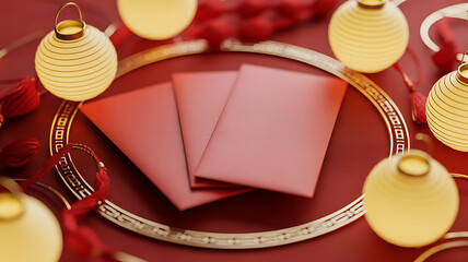 Red envelopes and golden lanterns arranged on a decorative tray for a festive celebration
