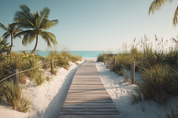 Serene beach pathway leading to turquoise ocean with palm trees