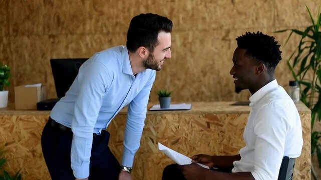 Job interview success: man receives positive feedback from interviewer in modern office setting while seated in front of plywood background during meeting