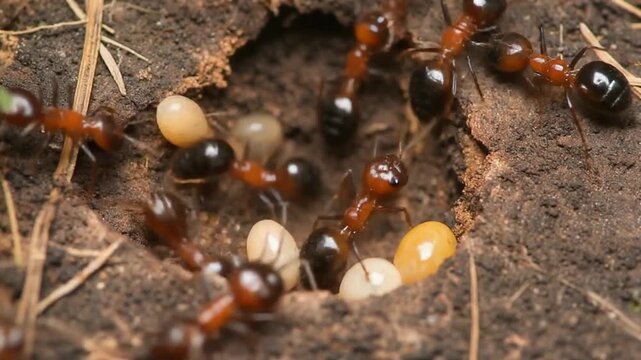 Ants colony with larvae and pupae on the ground, close-up view of insect life.