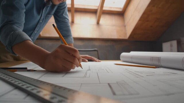 Architect working on blueprints in a modern office, focused on design and planning.