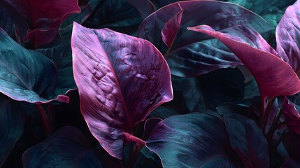 Dramatic close-up of vibrant, colorful leaves with striking light and shadow.