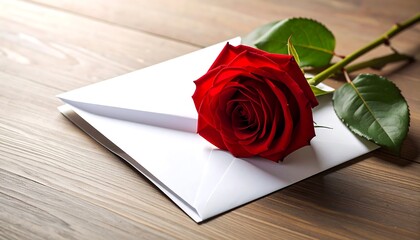 A vibrant red bloom rests on a white envelope, creating a romantic scene. The background is a warm-toned wooden surface