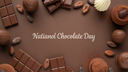 National Chocolate Day celebration with assorted chocolates, cocoa powder, and nuts arranged on a brown background
