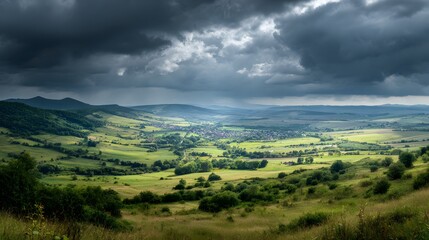 Fototapeta premium Dramatic Landscape - Rolling Green Hills Under a Stormy Sky.