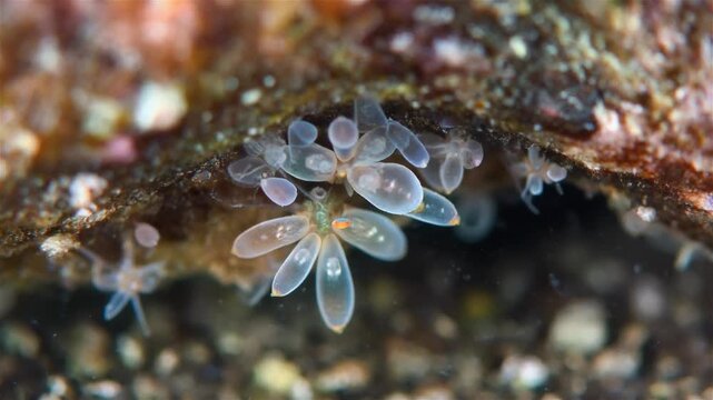 Close-up of a colony of transparent sea squirts attached to a rock underwater, showcasing their delicate, translucent bodies and the intricate details of their marine habitat.