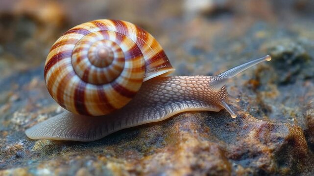 Close-up of a garden snail with a beautifully patterned shell slowly moving on a textured rock surface.