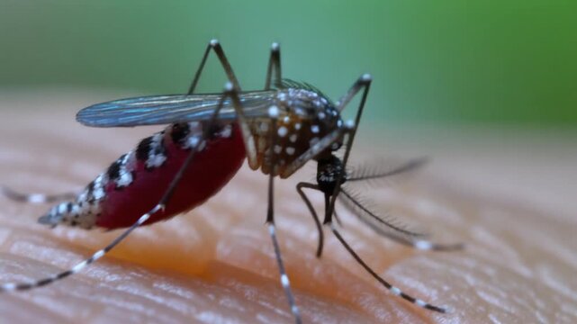 Close-up of a Mosquito Feeding on Human Skin, Blood-Filled Abdomen Visible.
