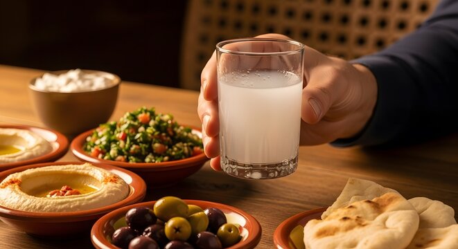 Hand holding a glass of Arak served with traditional Middle Eastern Mezze appetizers hummus, tabbouleh, olives, and pita.