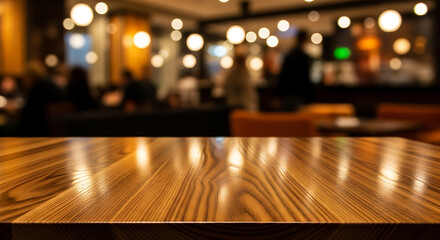 Polished Wooden Tabletop in a Warmly Lit Bar Setting.