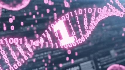 Binary Dna Strands Rotating on Data Display Screen Background - Powered by Adobe