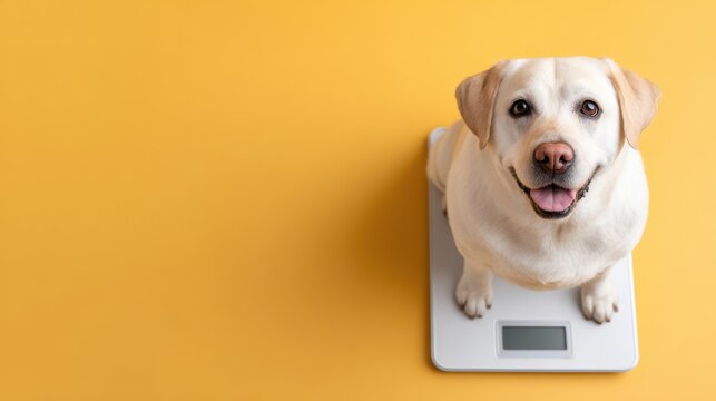 Happy yellow Labrador retriever sitting on a digital scale against a bright yellow background, showcasing pet health and weight management
