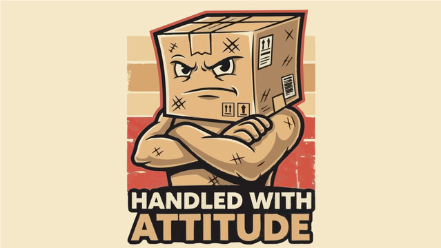 Tough muscular cardboard box character with crossed arms and "Handled With Attitude" funny shipping pun